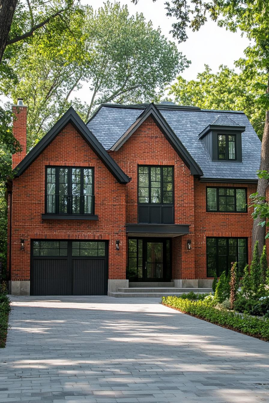 red brick house with modern multi pitched roof attached garage 2