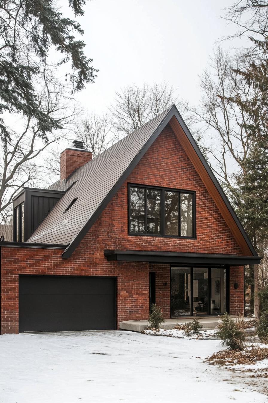 red brick house with modern multi pitched roof attached garage