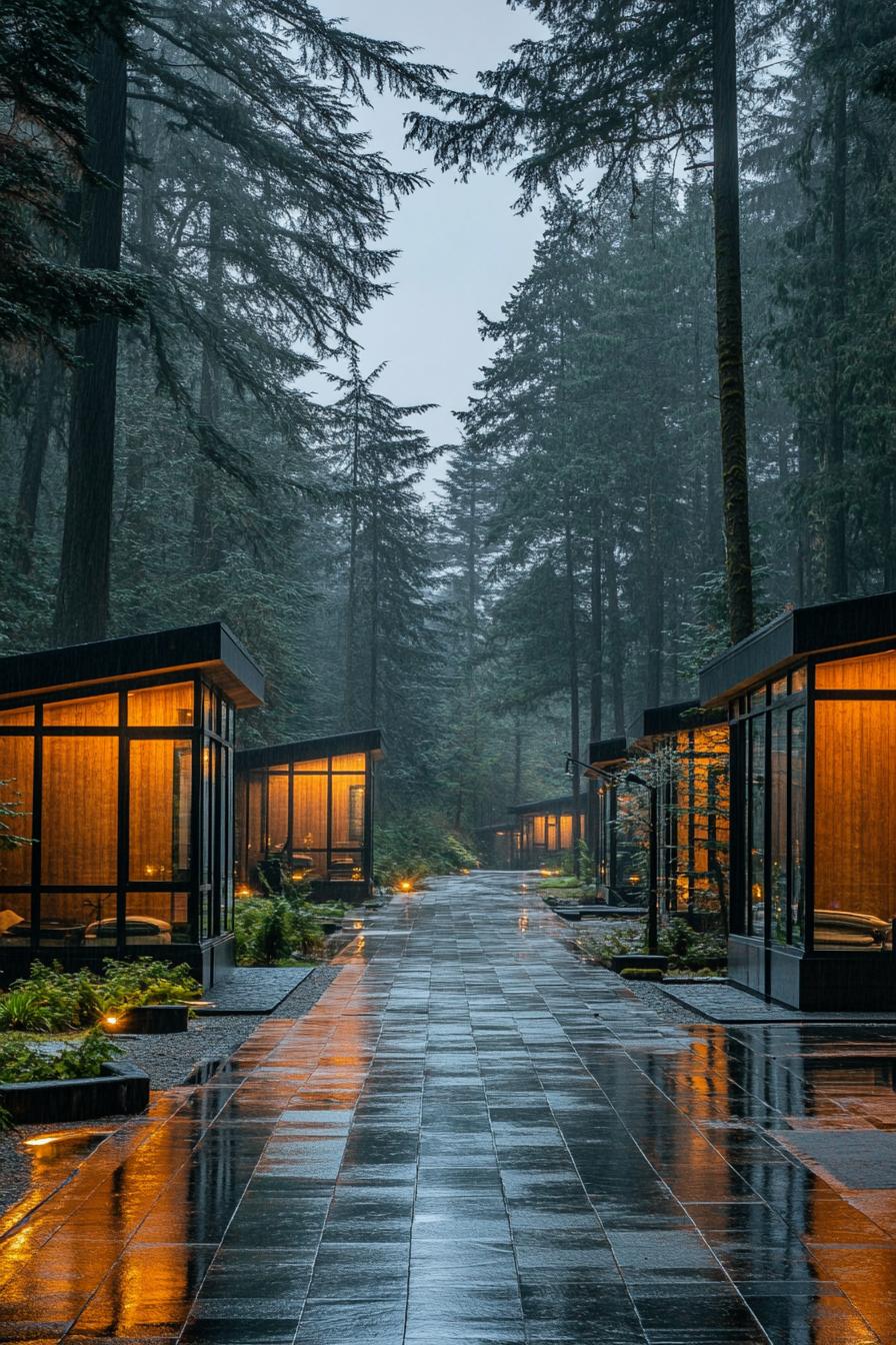 two rows of glass cabins and a wide paved path lined with tall pine trees the path is wet after rain and there are reflections it is a misty