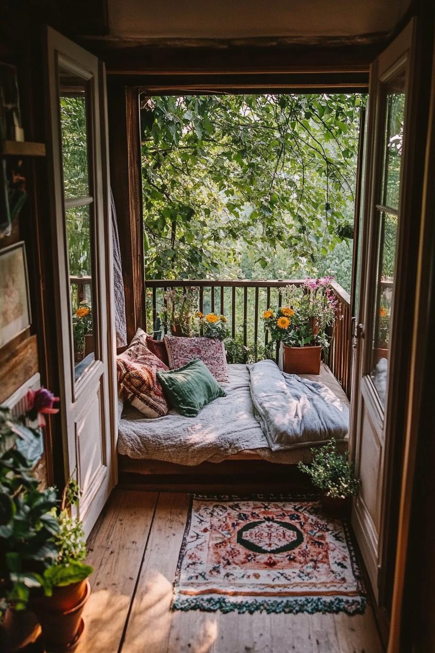 view from inside a rustic cottagecore style room to a small balcony the balcony has a daybed with pillows and throws potted plants and flowers