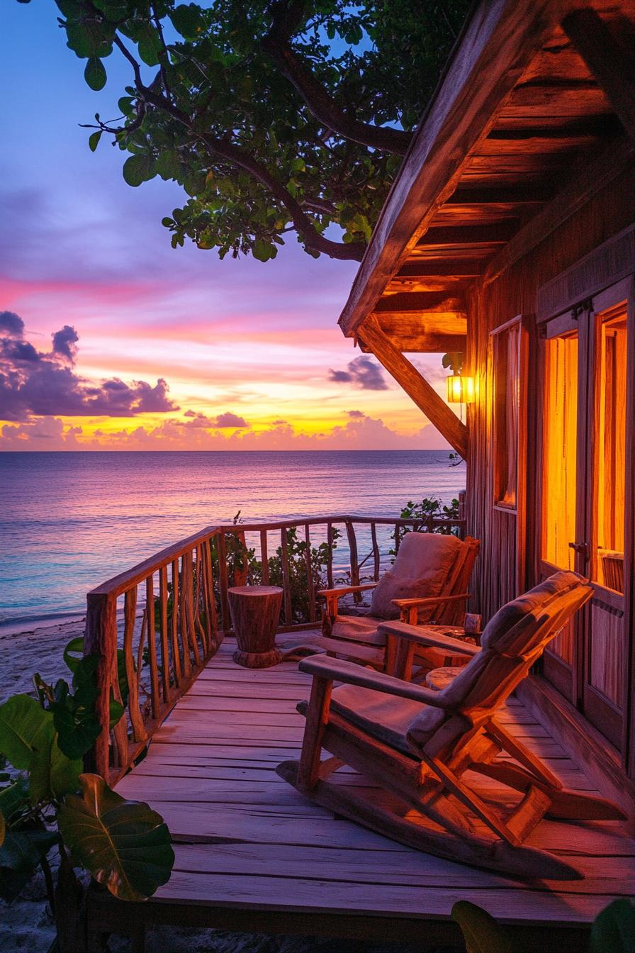 wooden beachfront cabin in sunset porch with cozy chairs ambient lighting tropical beach