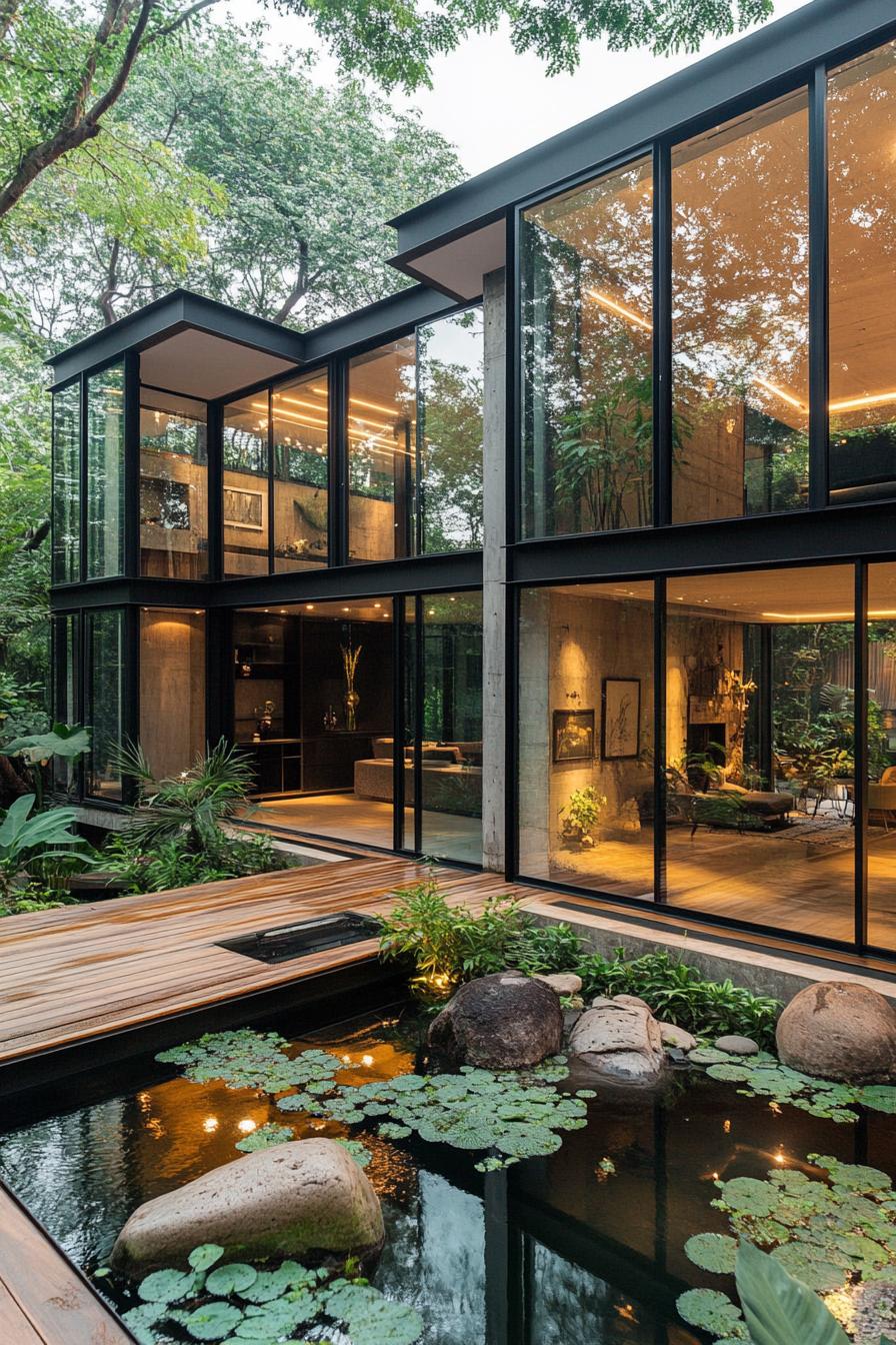 A two story modern glass house inner courtyard seamlessly integrates with its lush surroundings. The structure features expansive floor to ceiling 1