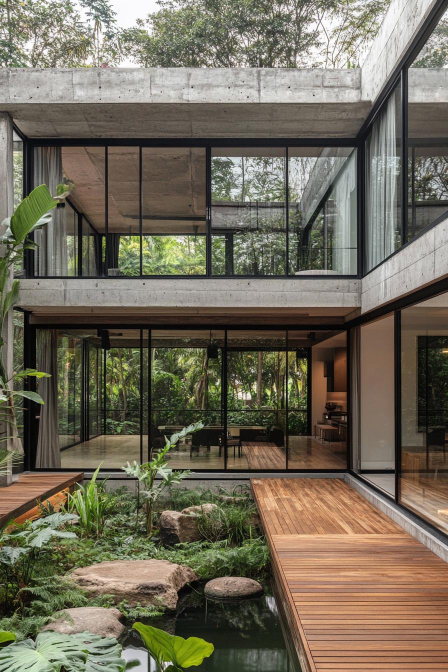 A two story modern glass house inner courtyard seamlessly integrates with its lush surroundings. The structure features expansive floor to ceiling 2