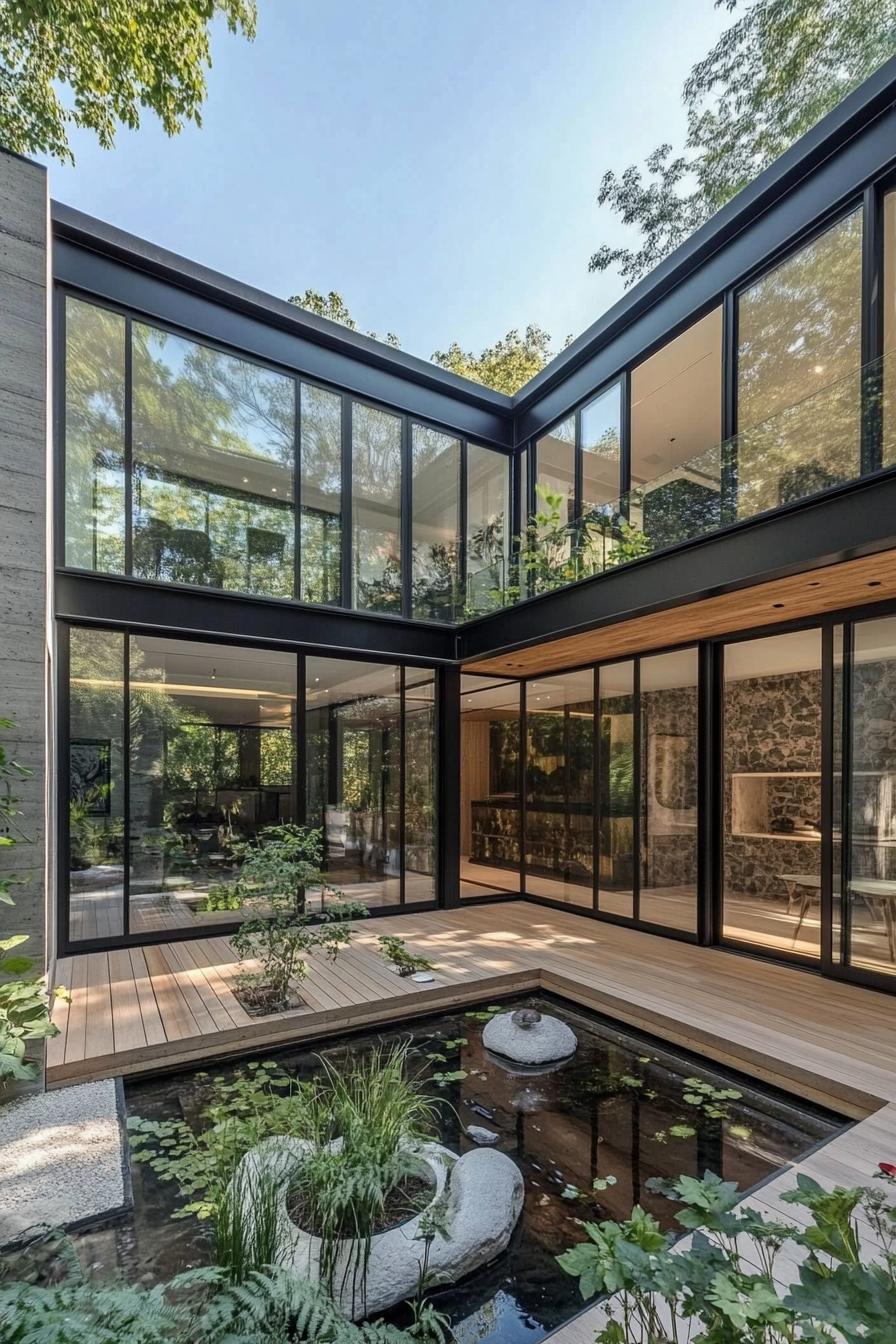 A two story modern glass house inner courtyard seamlessly integrates with its lush surroundings. The structure features expansive floor to ceiling