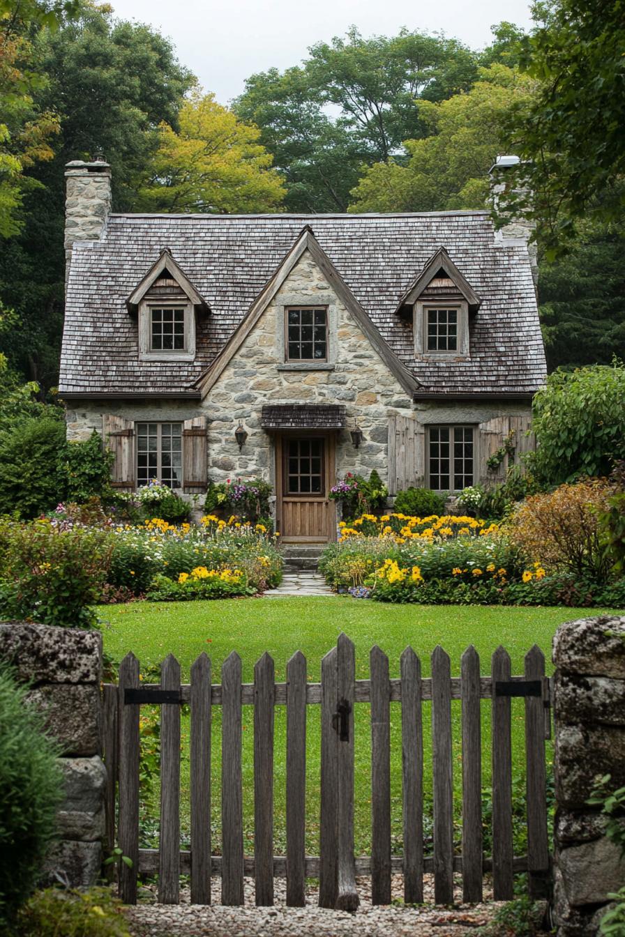 English country stone house with shingle roof neat front yard with lawn shrubs and flowers. stone fence with wooden gate in front