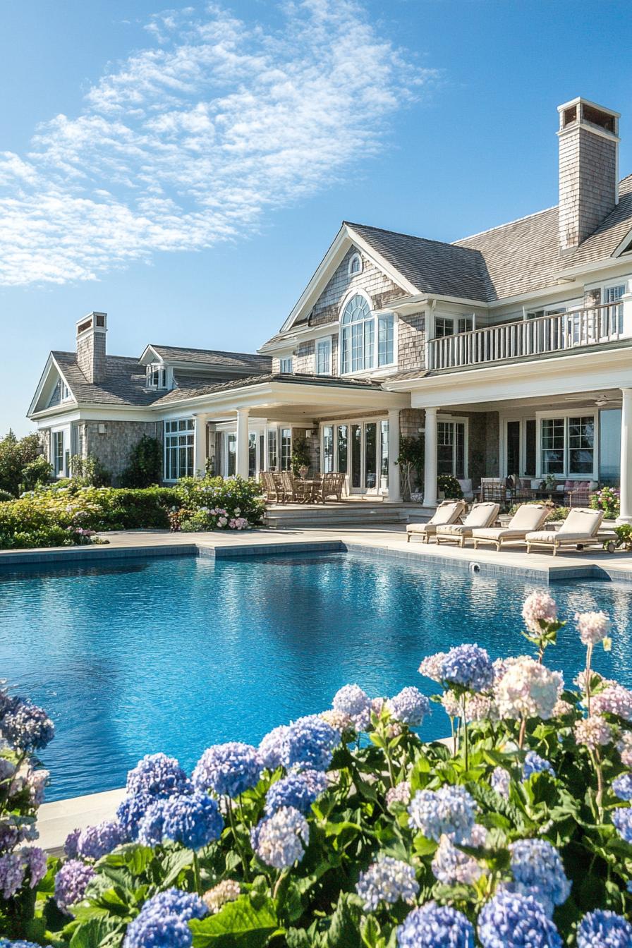 Hamptons style beachfront mansion with large pool and flower garden