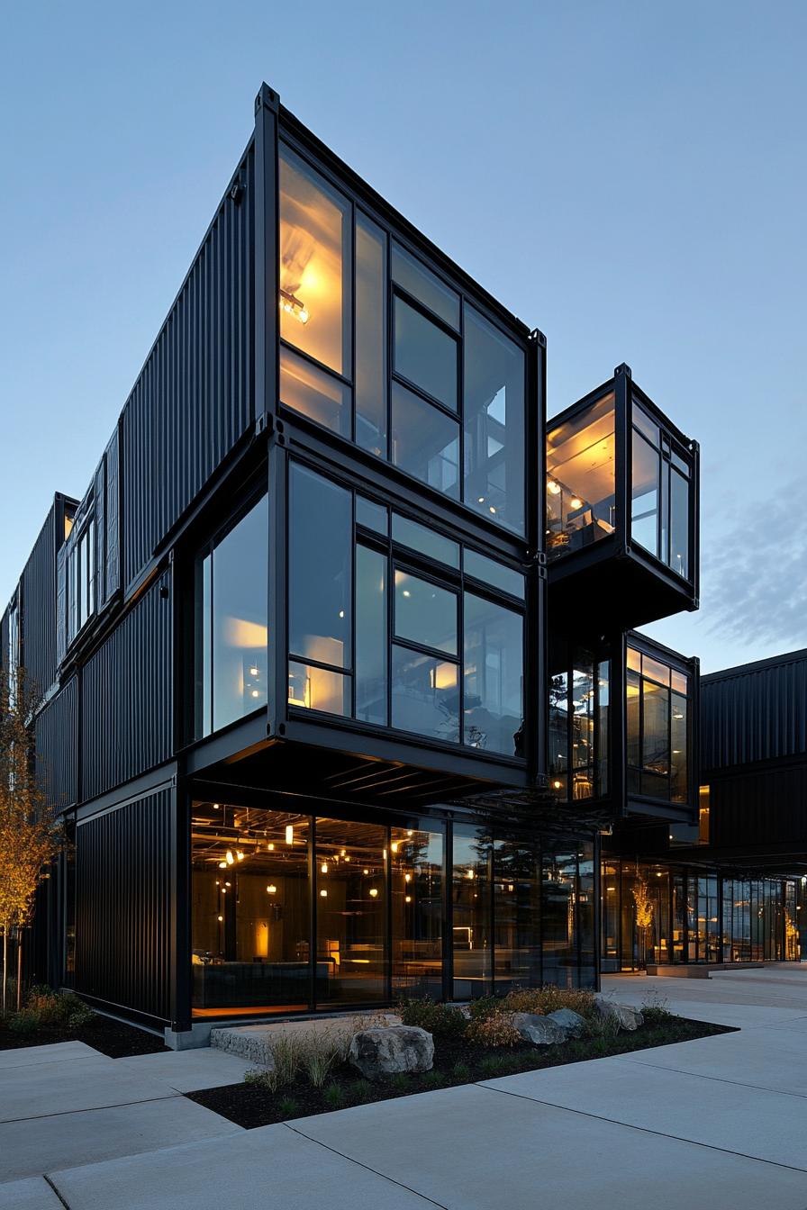 a large black modern container building complex with cantilevered blocks with full glass walls