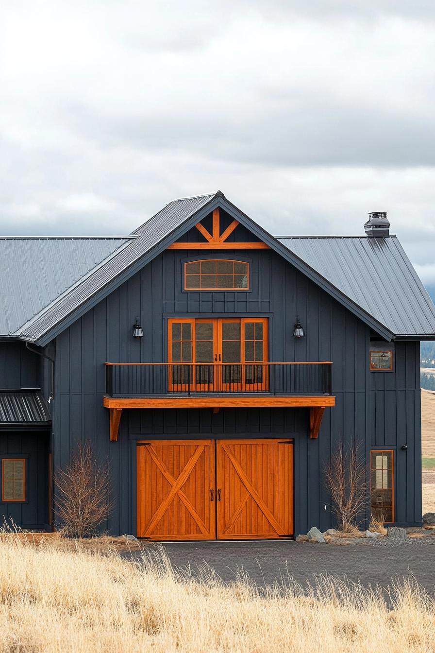 barn home with symmetric facade blueish grey board and batten siding balcony and large barn door on the front orange wood details orange wood 1