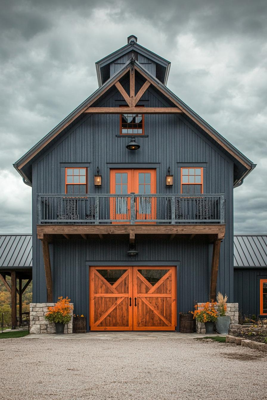 barn home with symmetric facade blueish grey board and batten siding balcony and large barn door on the front orange wood details orange wood 2