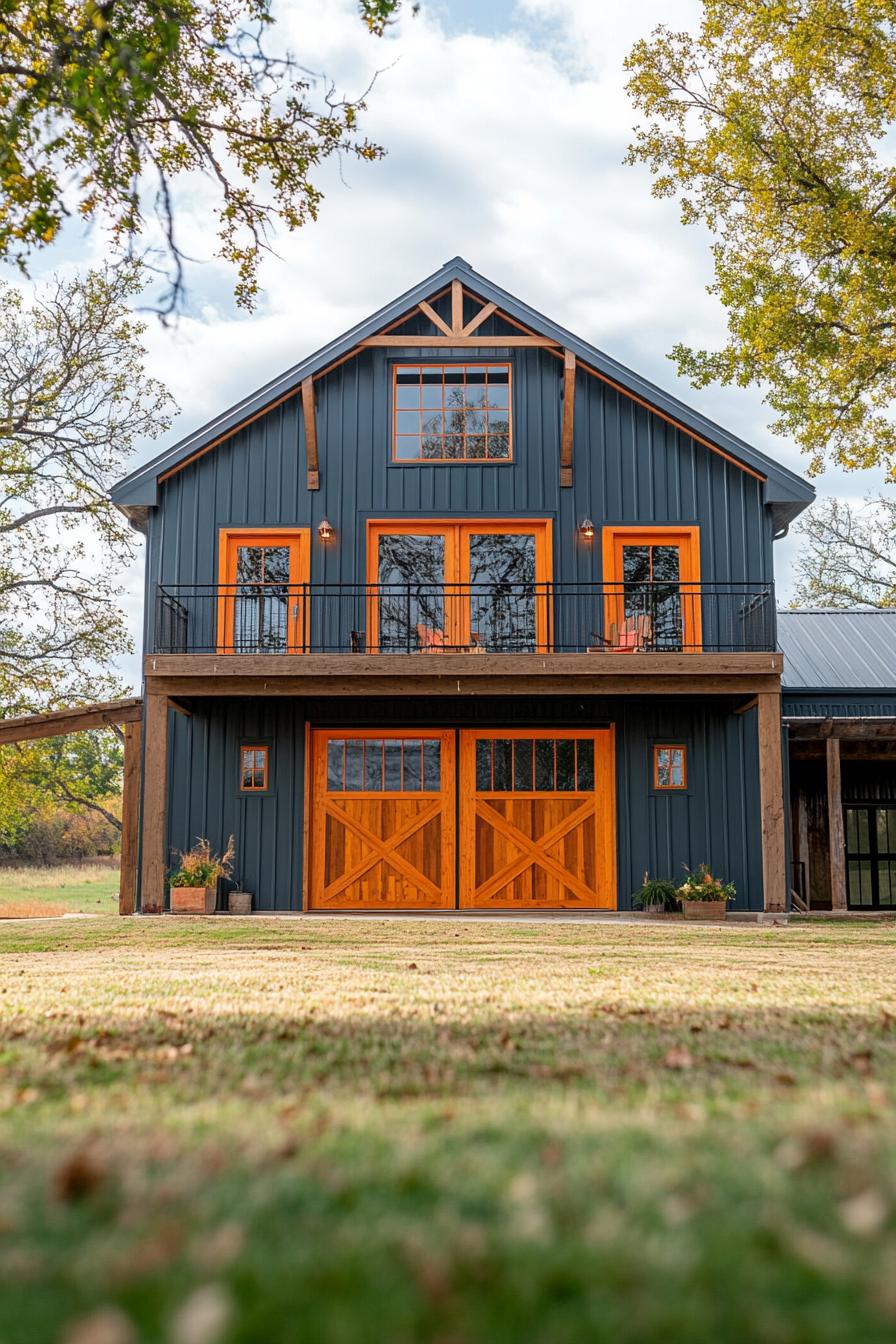 barn home with symmetric facade blueish grey board and batten siding balcony and large barn door on the front orange wood details orange wood 3