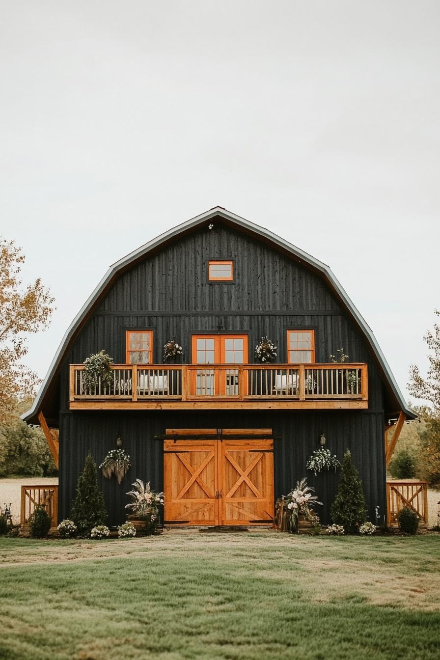 barn home with symmetric facade blueish grey board and batten siding balcony and large barn door on the front orange wood details orange wood