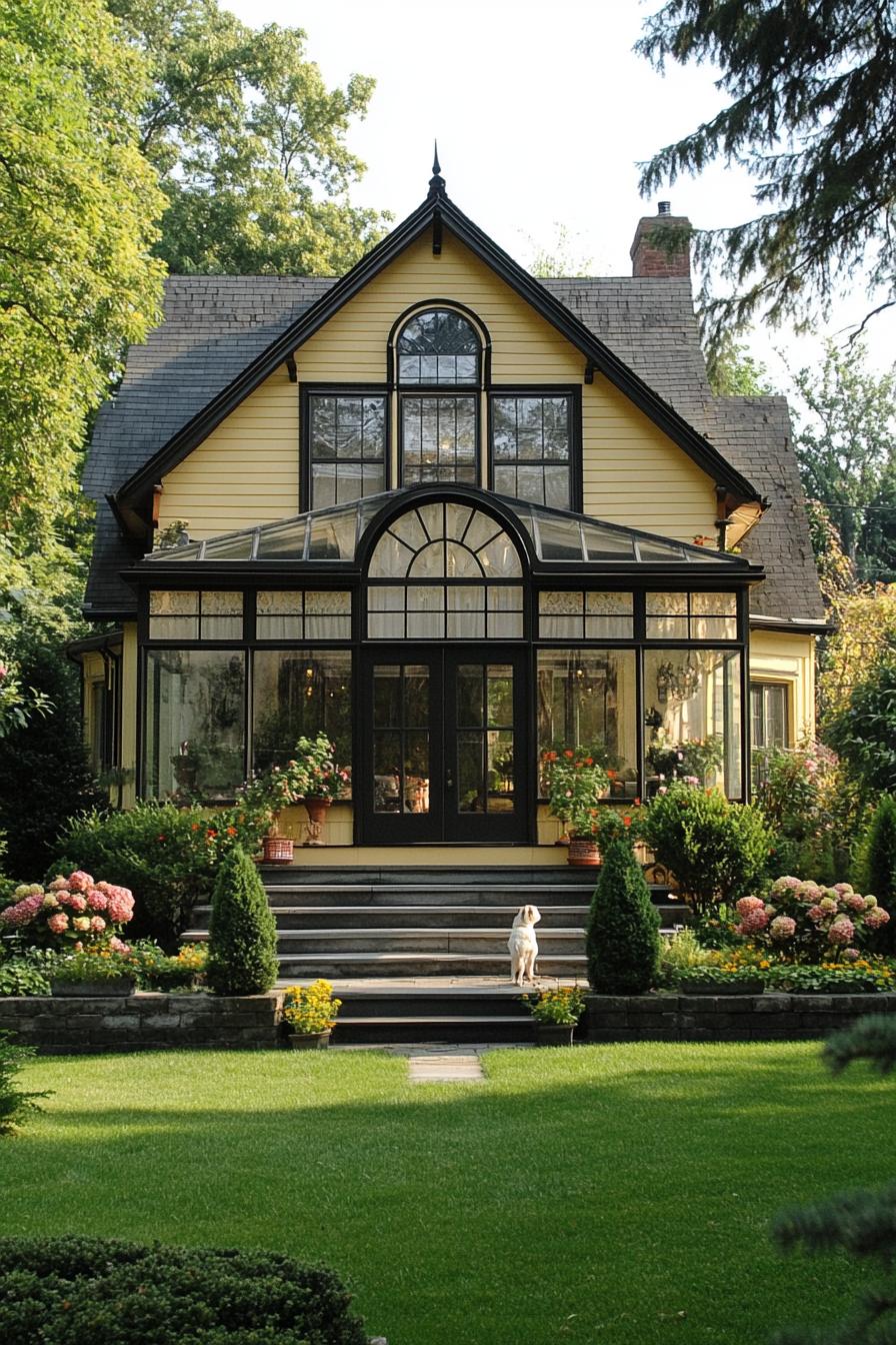 cottage house with multi pitch roof gambrels yellow clapboard siding large glass enclosed porch steps leading to entry arch with climber vines 1