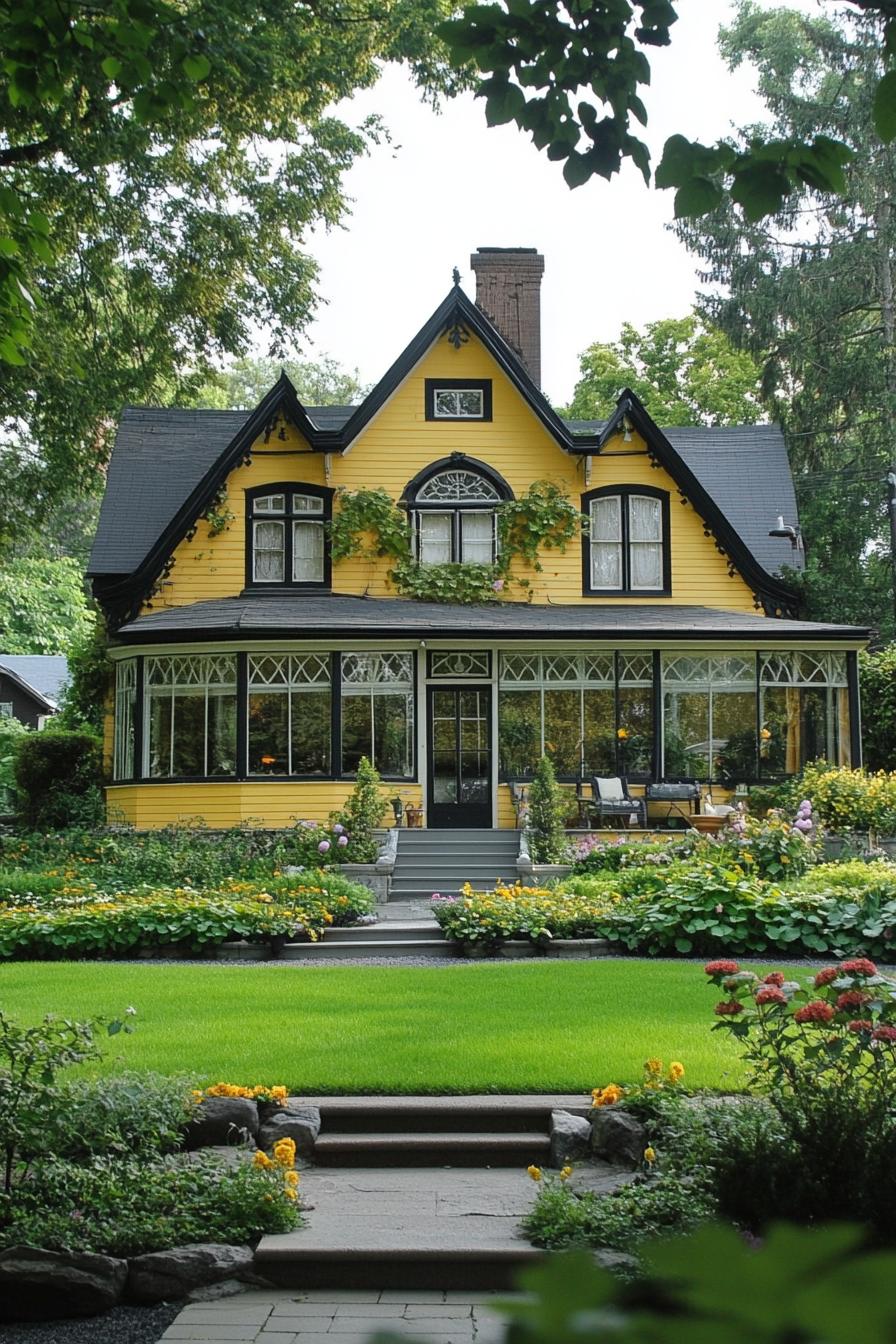 cottage house with multi pitch roof gambrels yellow clapboard siding large glass enclosed porch steps leading to entry arch with climber vines