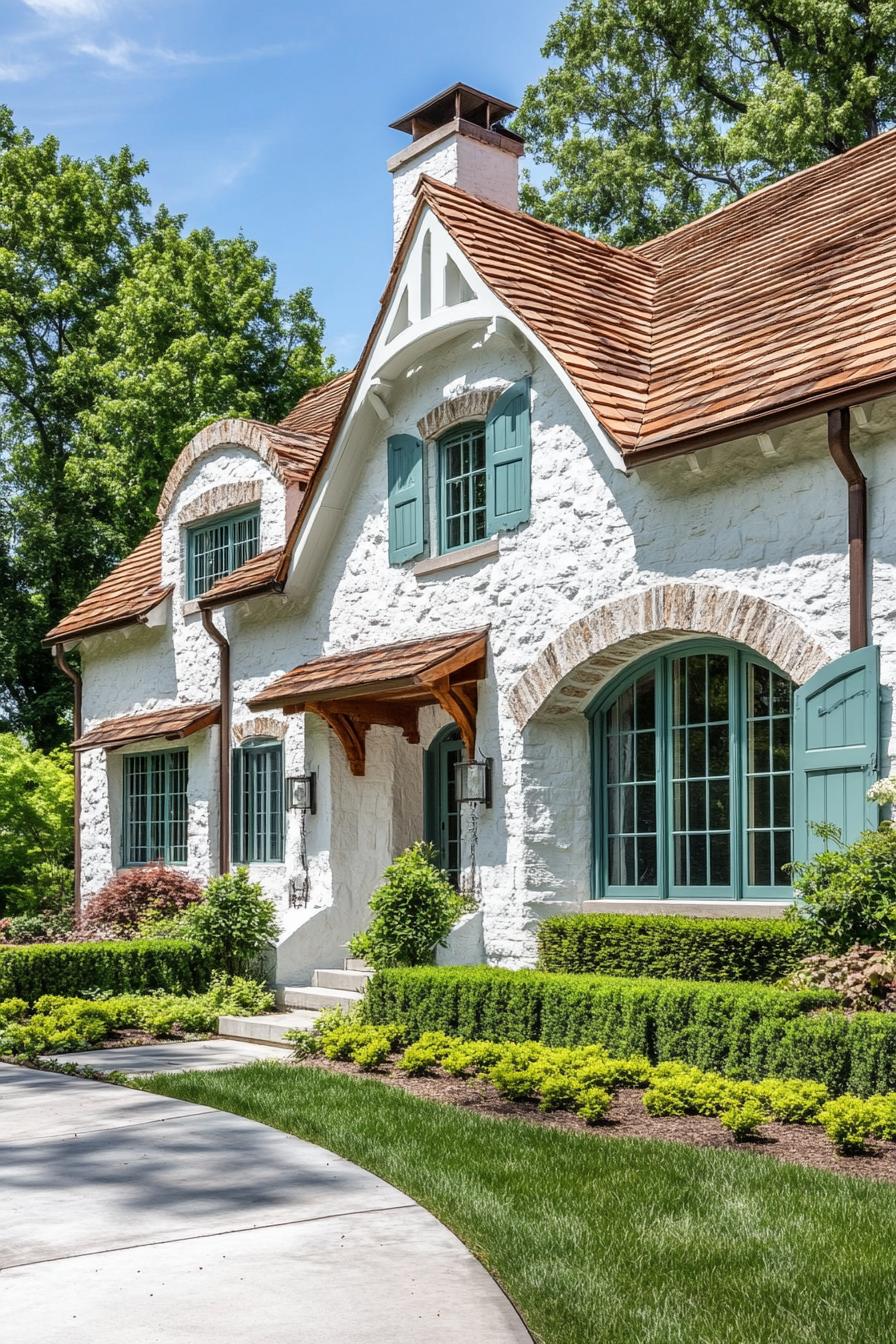 craftsman house with white painted stone siding cedar shingle roof teal windows with shutters walls lined with shrubs lawn and concrete pathway 1