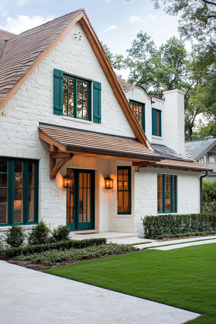 craftsman house with white painted stone siding cedar shingle roof teal windows with shutters walls lined with shrubs lawn and concrete pathway