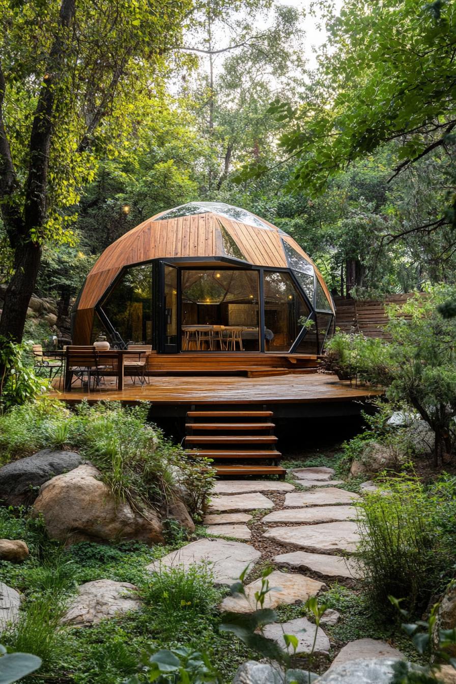 geodesic wooden dome cabin with a large deck 1