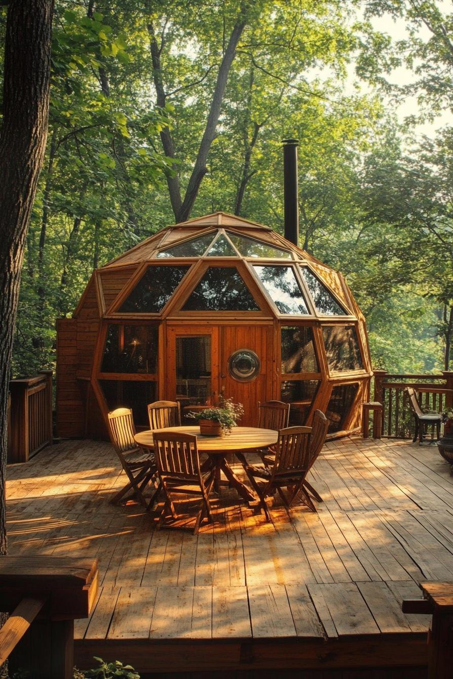 geodesic wooden dome cabin with a large deck