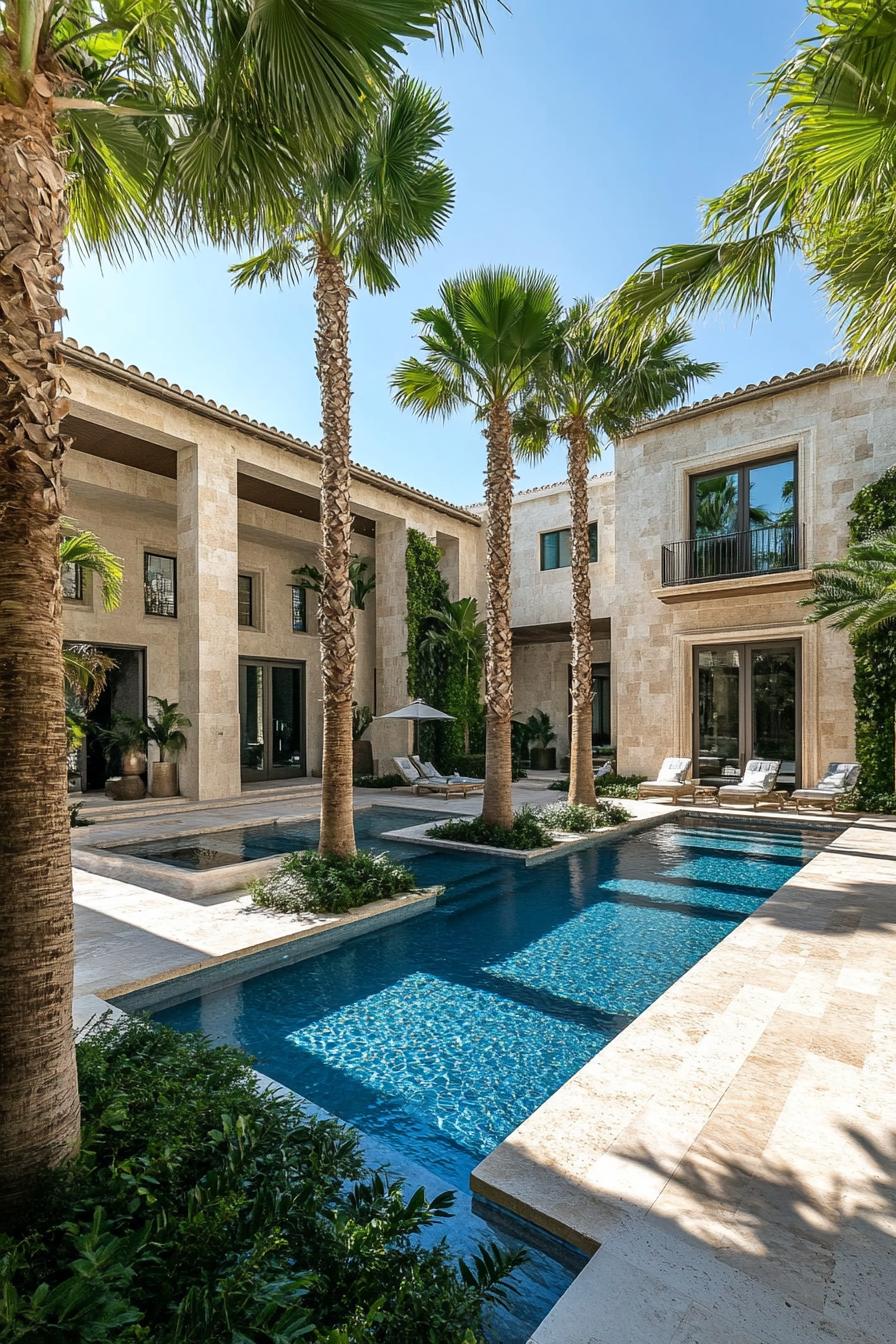 geometric travertine villa courtyard with pools and tall palms 1