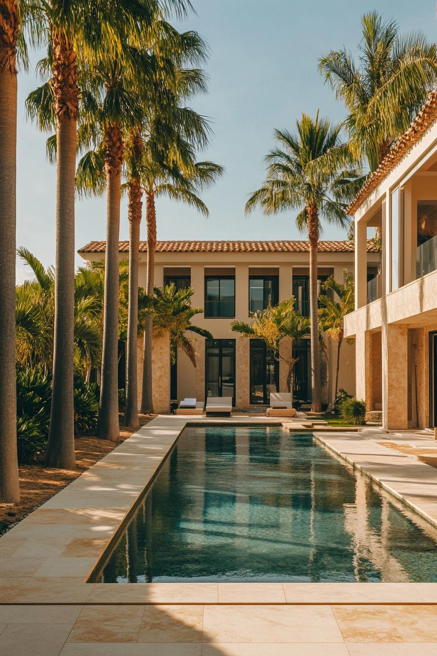 geometric travertine villa courtyard with pools and tall palms 2