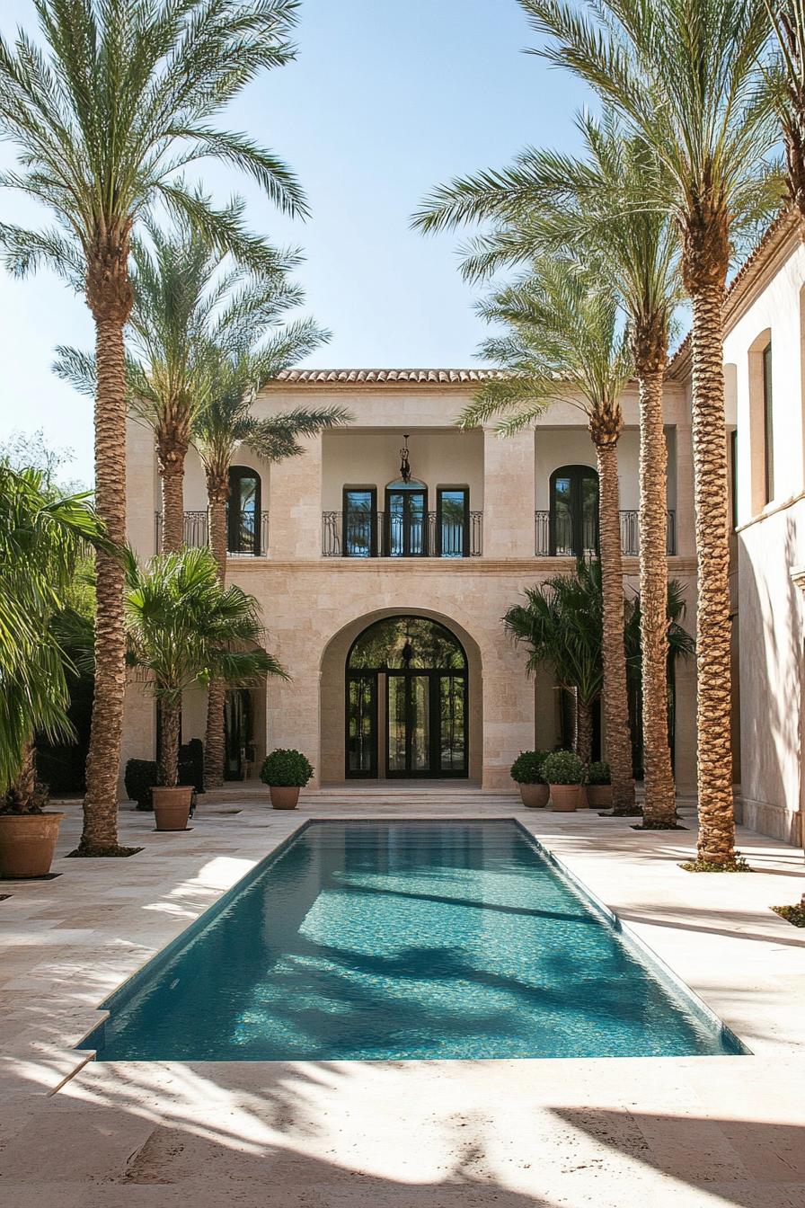 geometric travertine villa courtyard with pools and tall palms 3