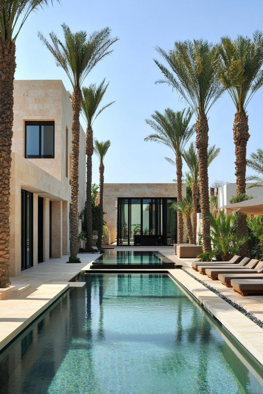 geometric travertine villa courtyard with pools and tall palms