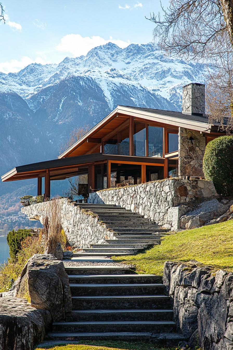 mid century modern style mountain house on a hillside view from below the house facade has stone and natural wood accents there are stone steps up 1