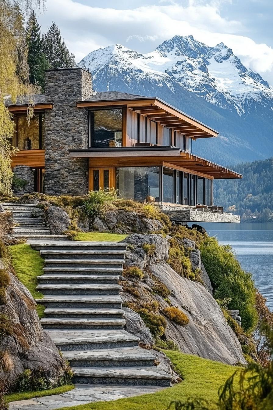 mid century modern style mountain house on a hillside view from below the house facade has stone and natural wood accents there are stone steps up 2