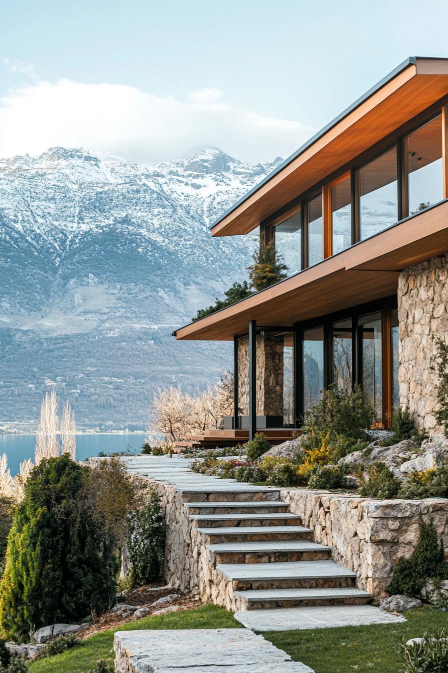 mid century modern style mountain house on a hillside view from below the house facade has stone and natural wood accents there are stone steps up 3