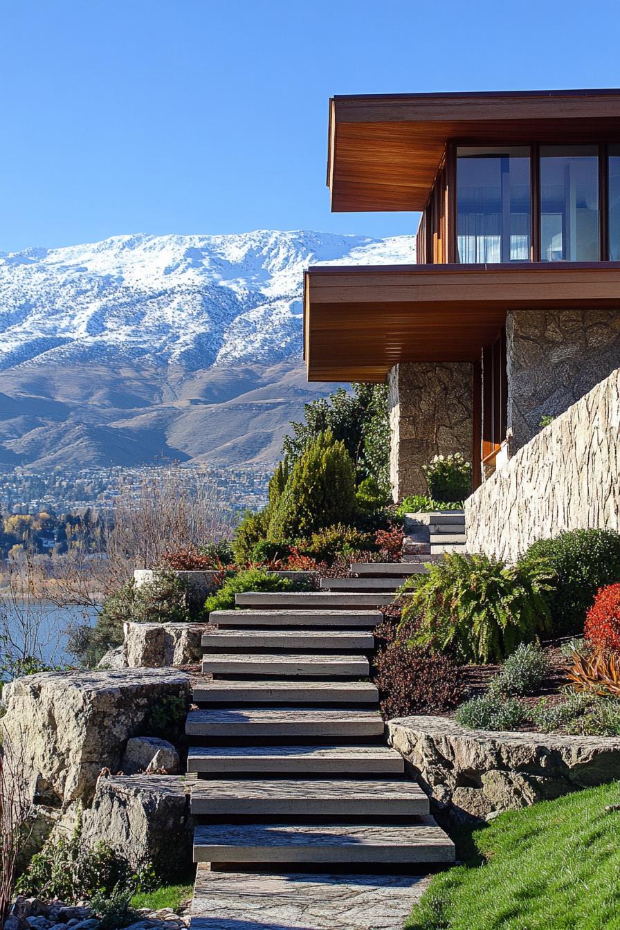 mid century modern style mountain house on a hillside view from below the house facade has stone and natural wood accents there are stone steps up