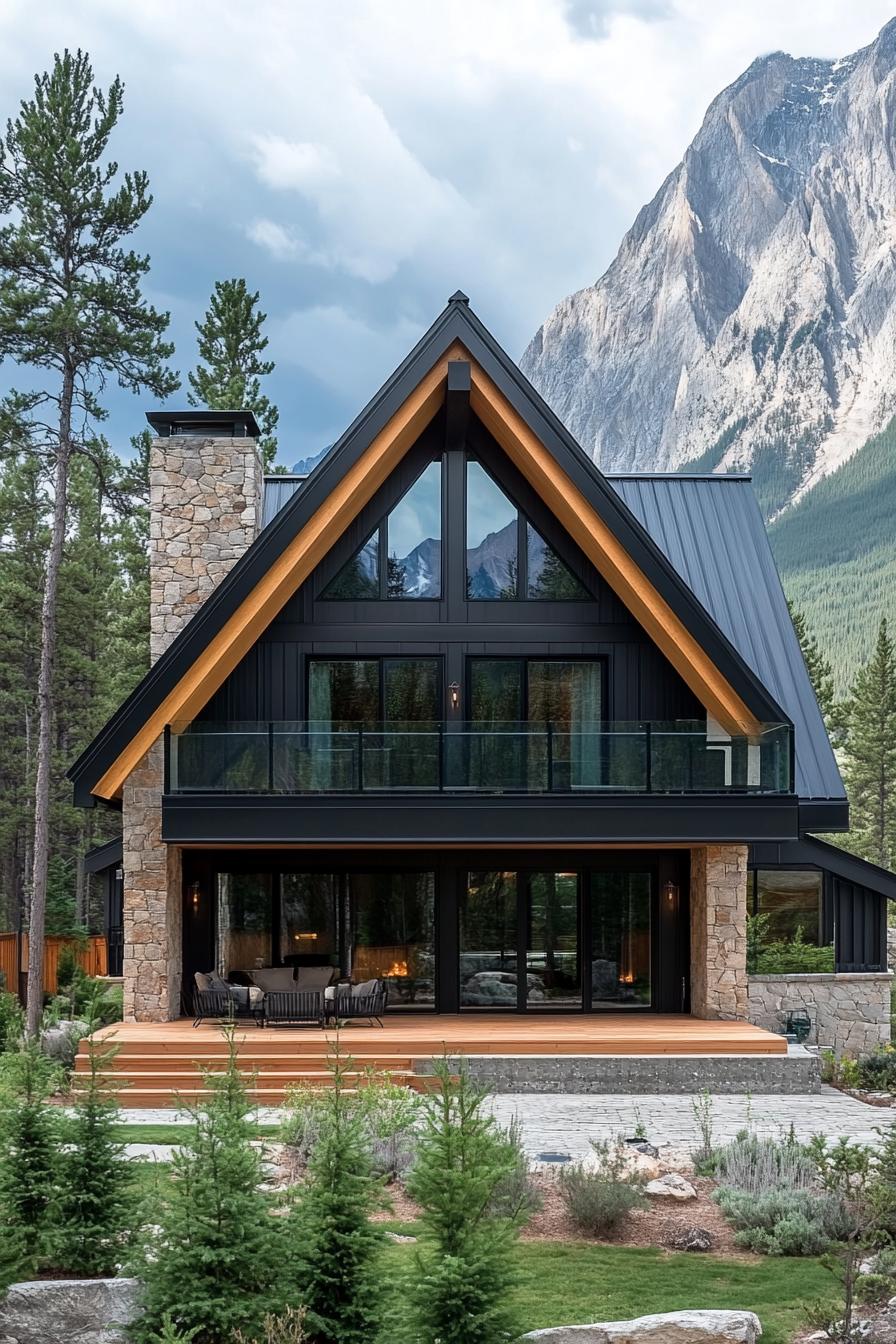 modern chalet house with a frame facade black metal roof and siding large roof front eave with natural wood large front balcony with glass