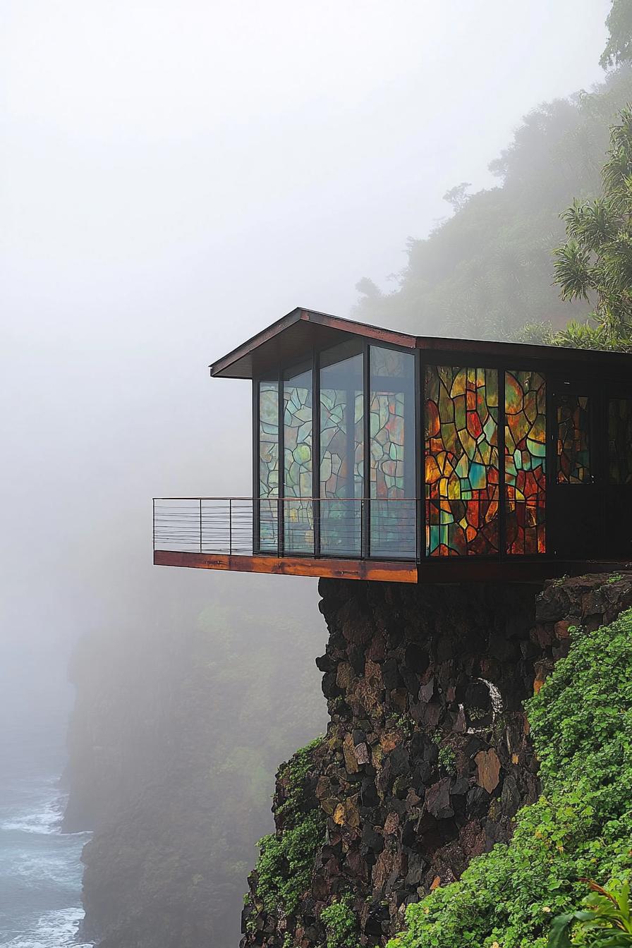 modern glass cabin with mosiac stained glass it is on a cliff of volcanic island with stunning misty ocean views 1