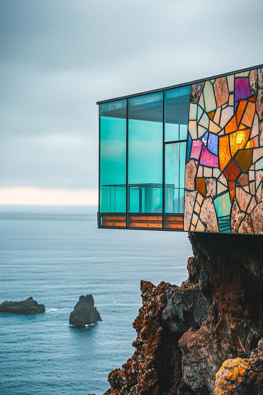 modern glass cabin with mosiac stained glass it is on a cliff of volcanic island with stunning misty ocean views