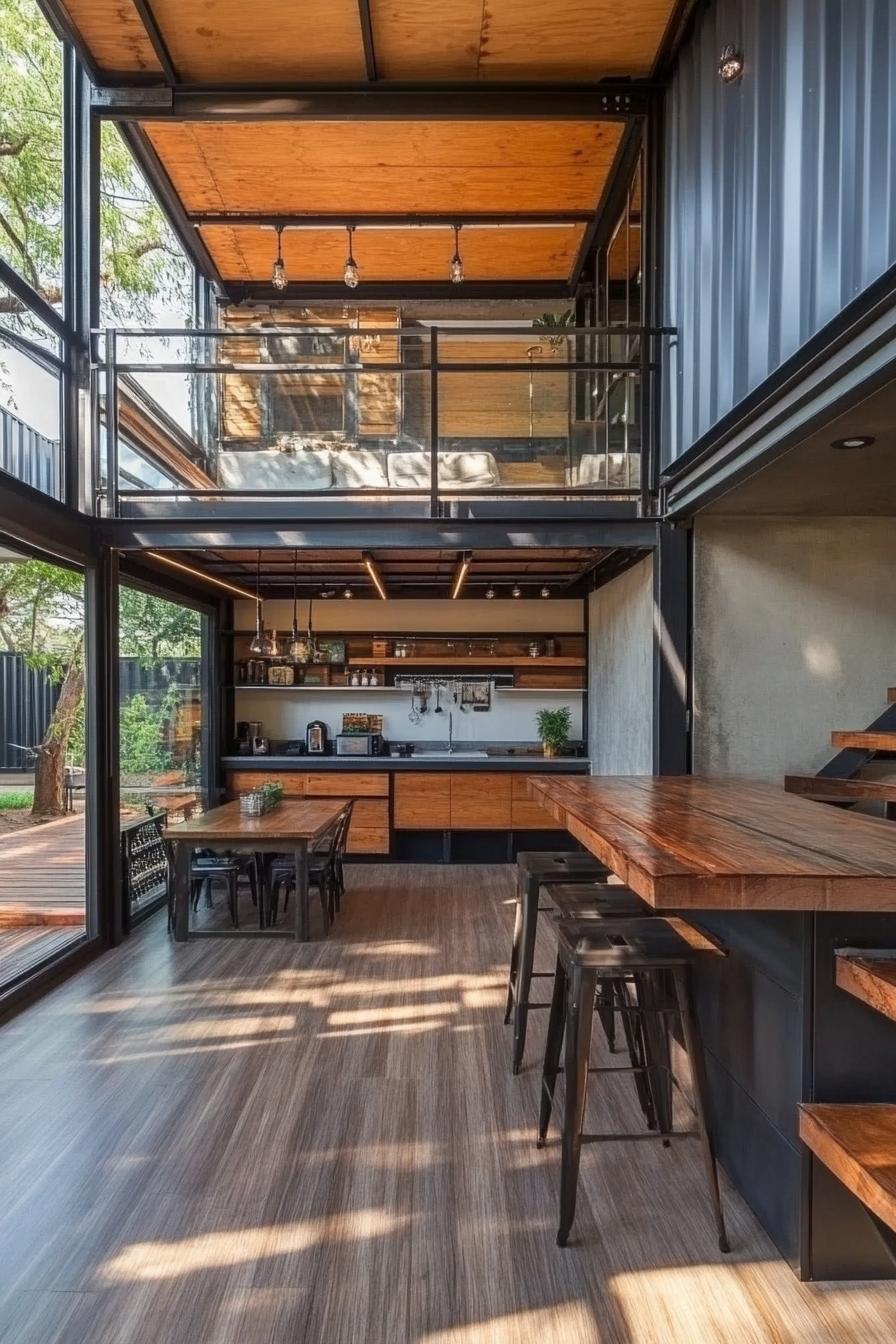 modern house built with shipping containers and wood beam frame