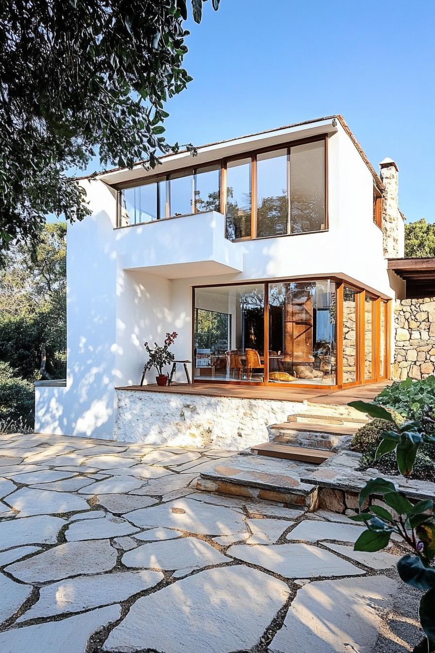 modern house facades with white cob sections with a stone paved deck full wall glass windows theres a vegitable garden by the house 1