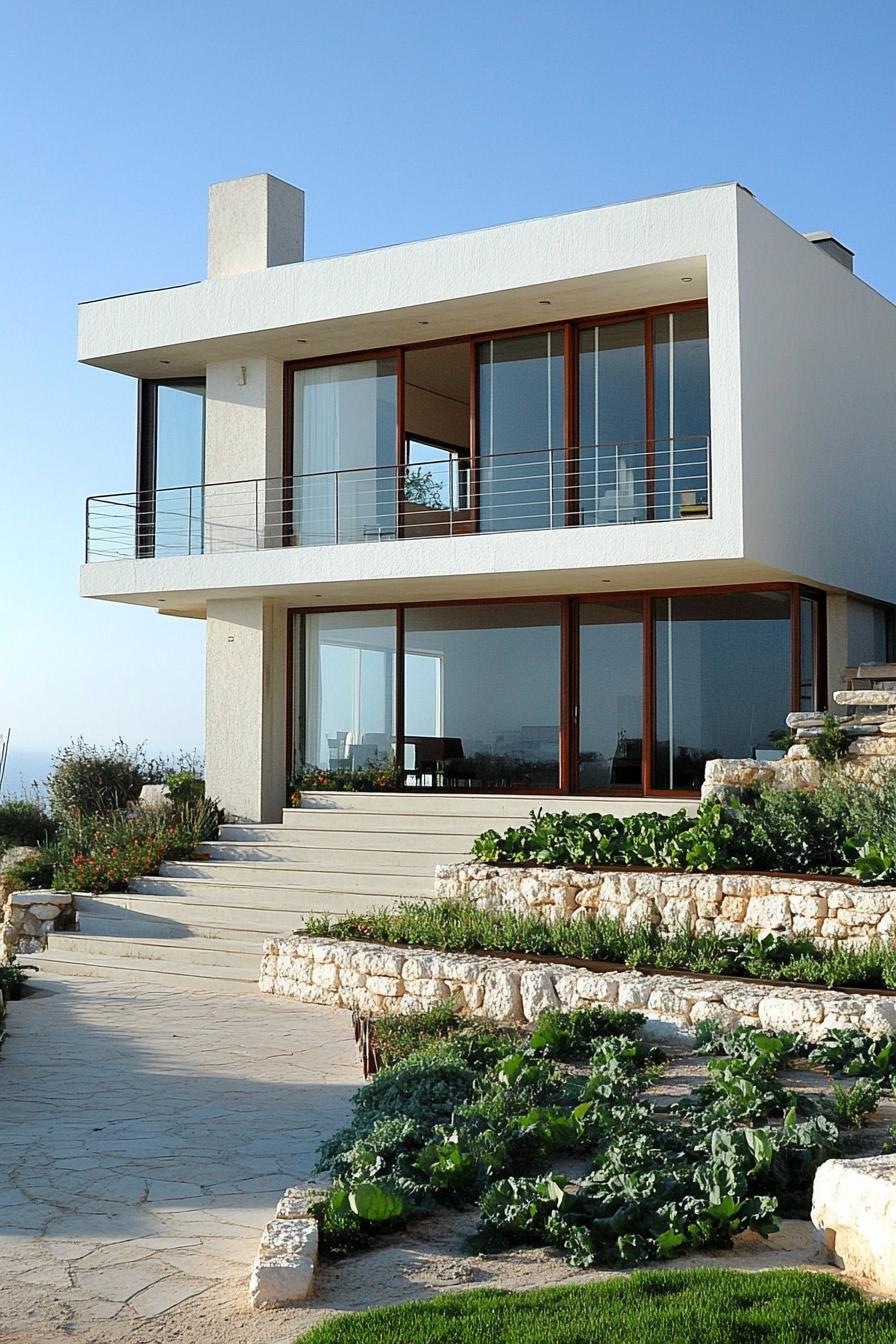 modern house facades with white cob sections with a stone paved deck full wall glass windows theres a vegitable garden by the house 2