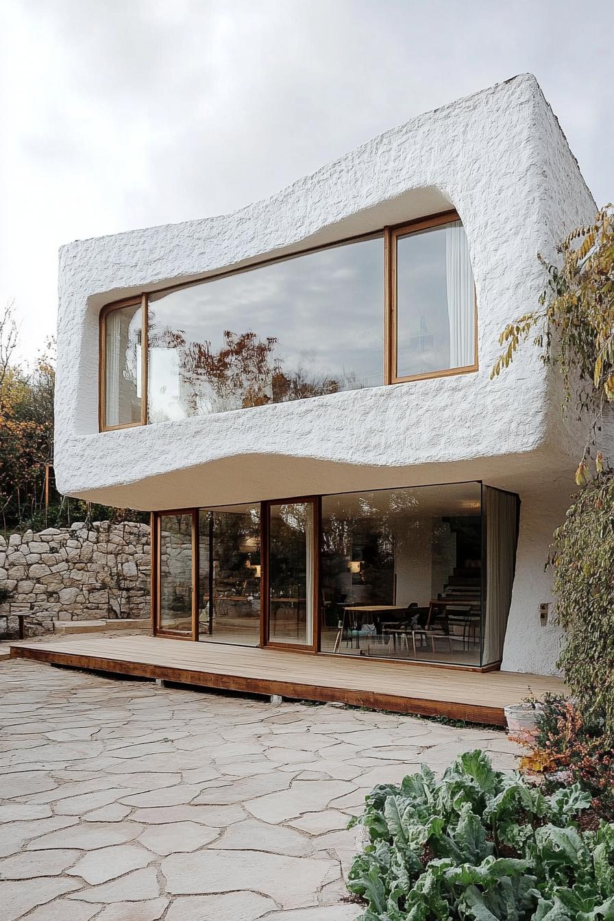 modern house facades with white cob sections with a stone paved deck full wall glass windows theres a vegitable garden by the house