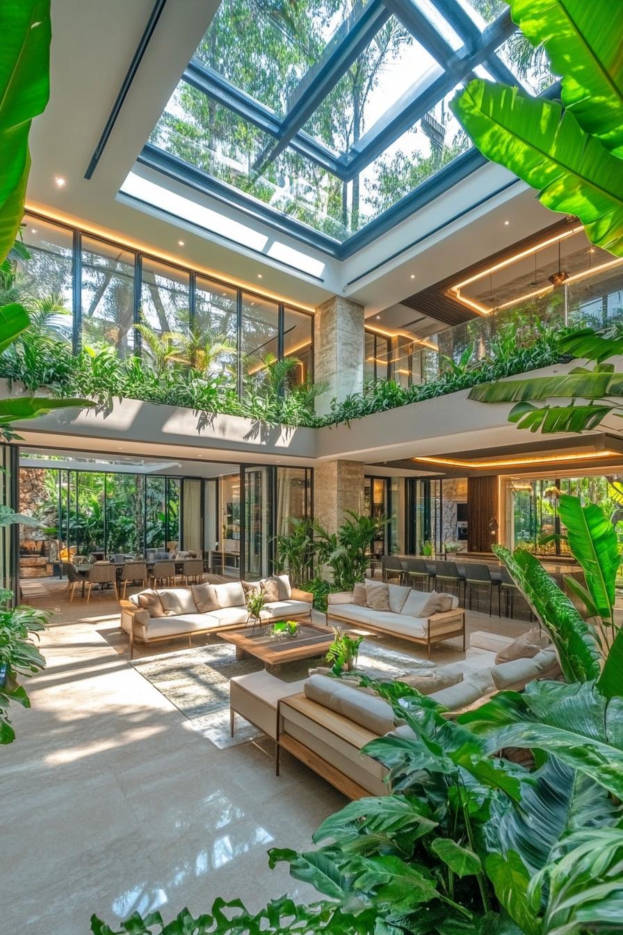 modern house indoor area with a glass atrium with lush greenery theres a skylight above the atrium theres lounge furniture around the atrium 1