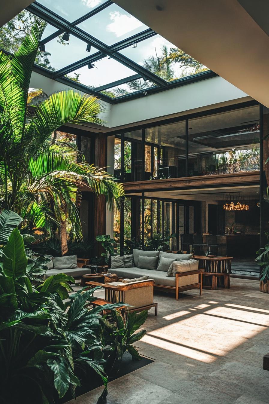 modern house indoor area with a glass atrium with lush greenery theres a skylight above the atrium theres lounge furniture around the atrium