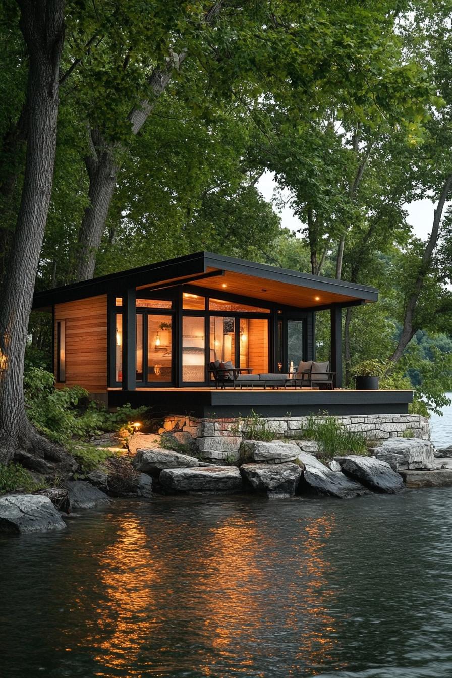 modern prefab wooden lakefront cabin with porch on a stone bank 1