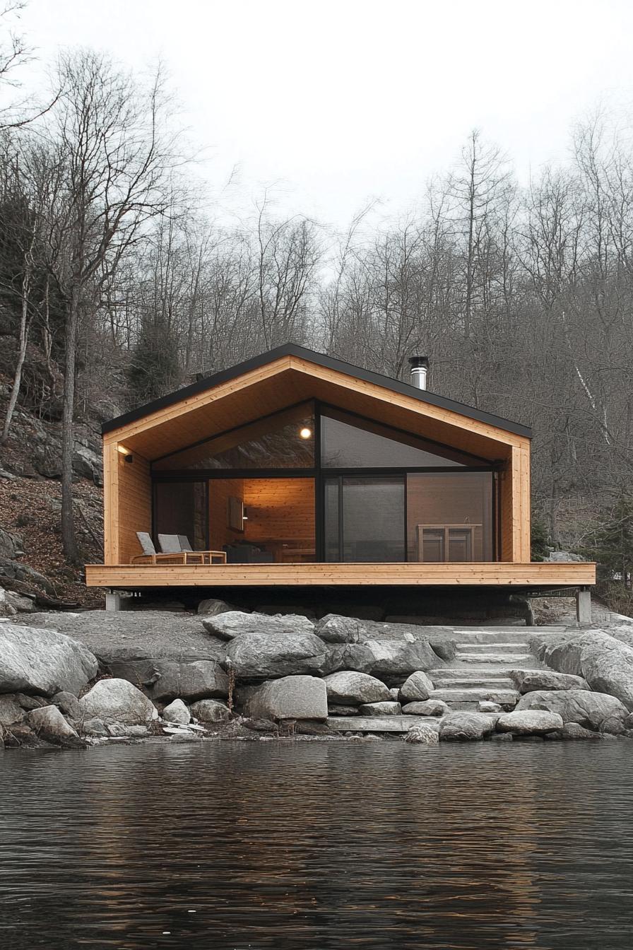 modern prefab wooden lakefront cabin with porch on a stone bank