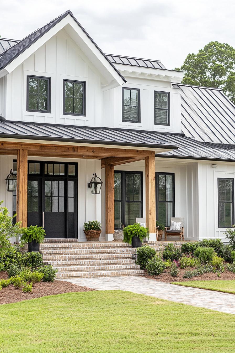 modern rustic cottage two story house with white siding black shingle roof with gambrels modern black windows porch with wooden beams brick steps 1