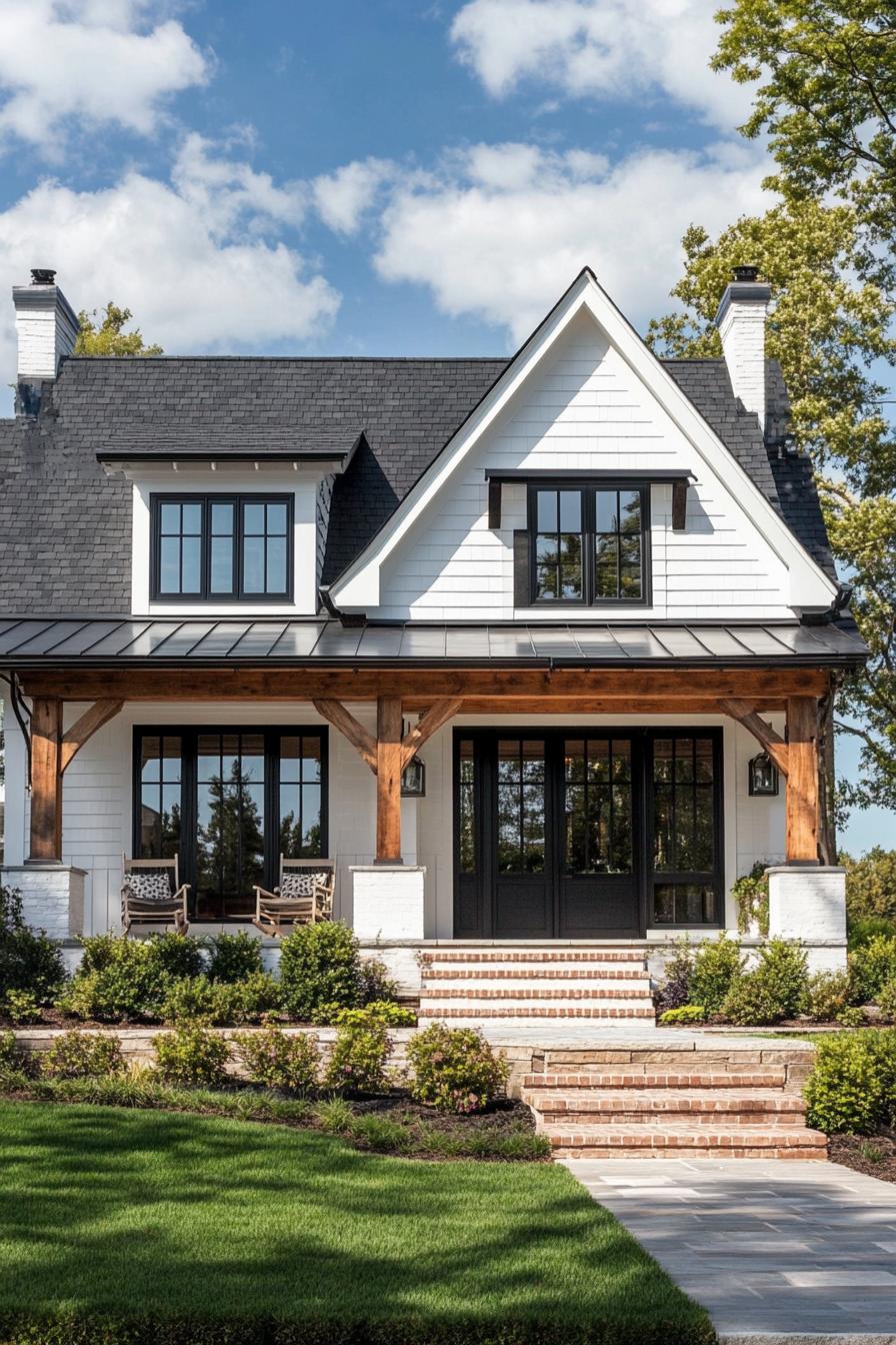 modern rustic cottage two story house with white siding black shingle roof with gambrels modern black windows porch with wooden beams brick steps