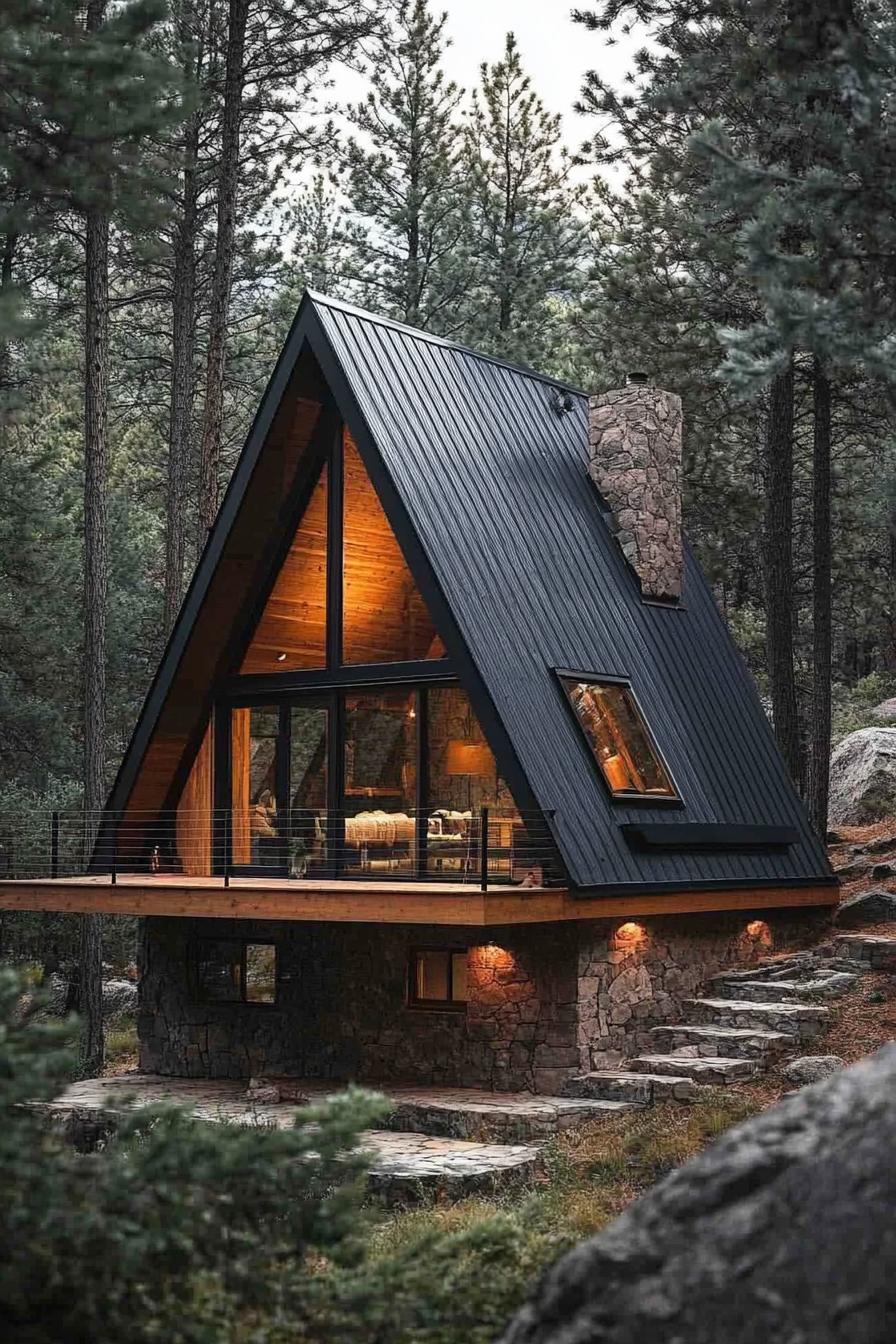 modern tiny a frame cabin with eave on a raised deck on stone foundations forest clearing with tall pines 1