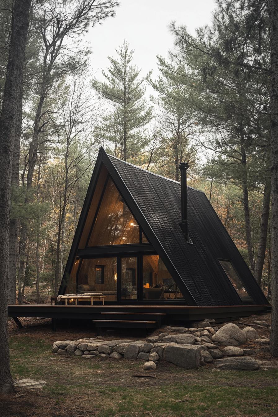 modern tiny a frame cabin with eave on a raised deck on stone foundations forest clearing with tall pines