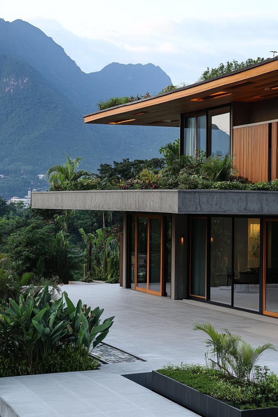 modern tropical house with roof gardens large eaves natural wood accent on concrete facade concrete yard tropical mountains in the background 1