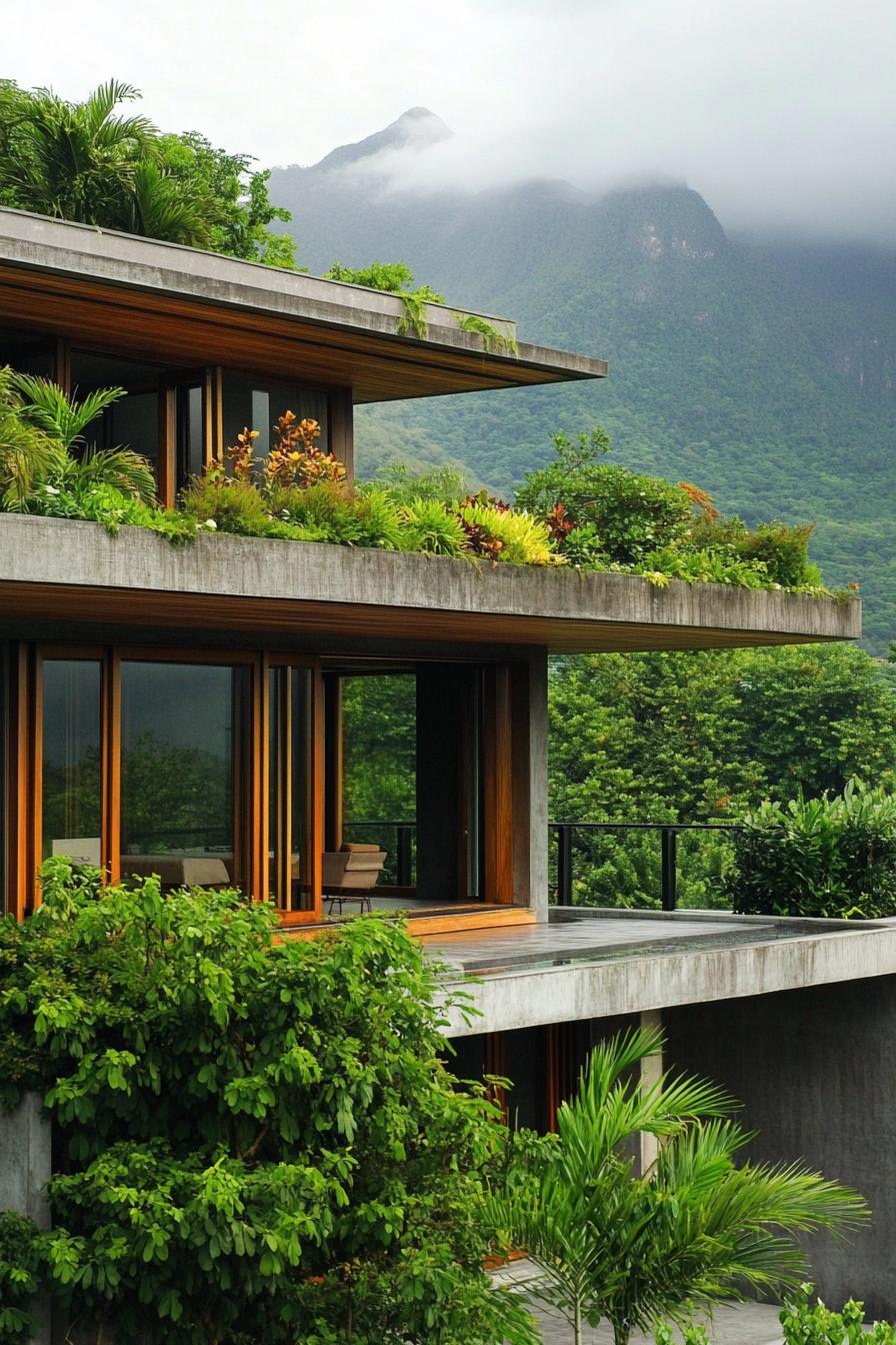 modern tropical house with roof gardens large eaves natural wood accent on concrete facade concrete yard tropical mountains in the background 2