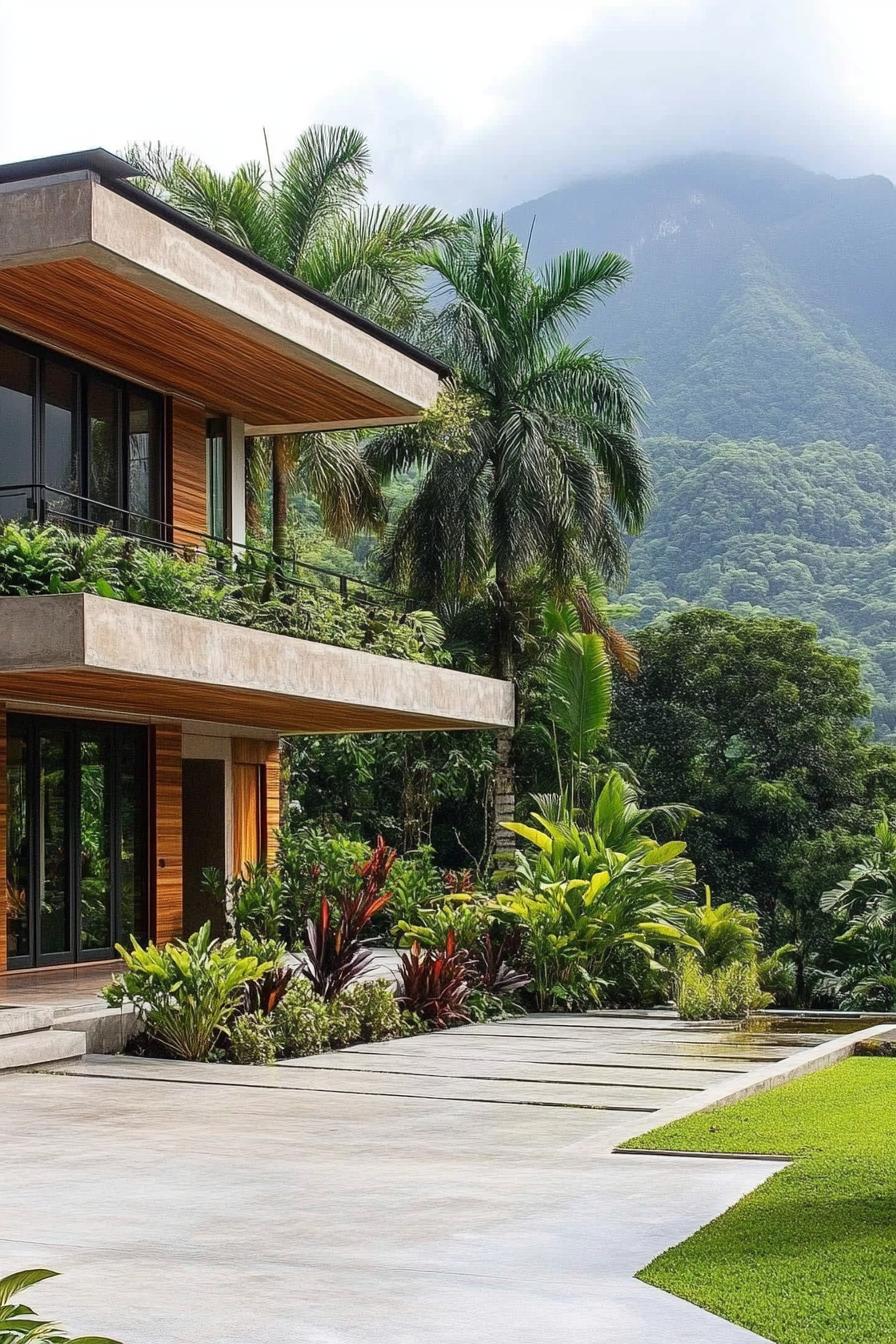 modern tropical house with roof gardens large eaves natural wood accent on concrete facade concrete yard tropical mountains in the background 3