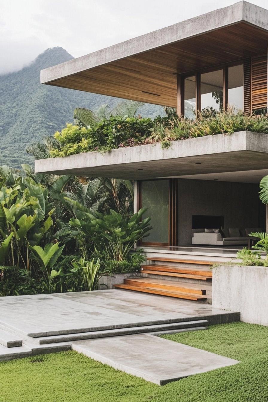 modern tropical house with roof gardens large eaves natural wood accent on concrete facade concrete yard tropical mountains in the background