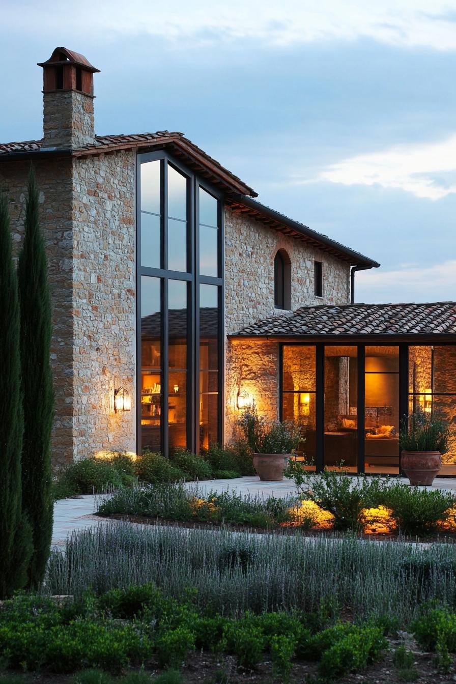 modern tuscan house with full wall glass windows