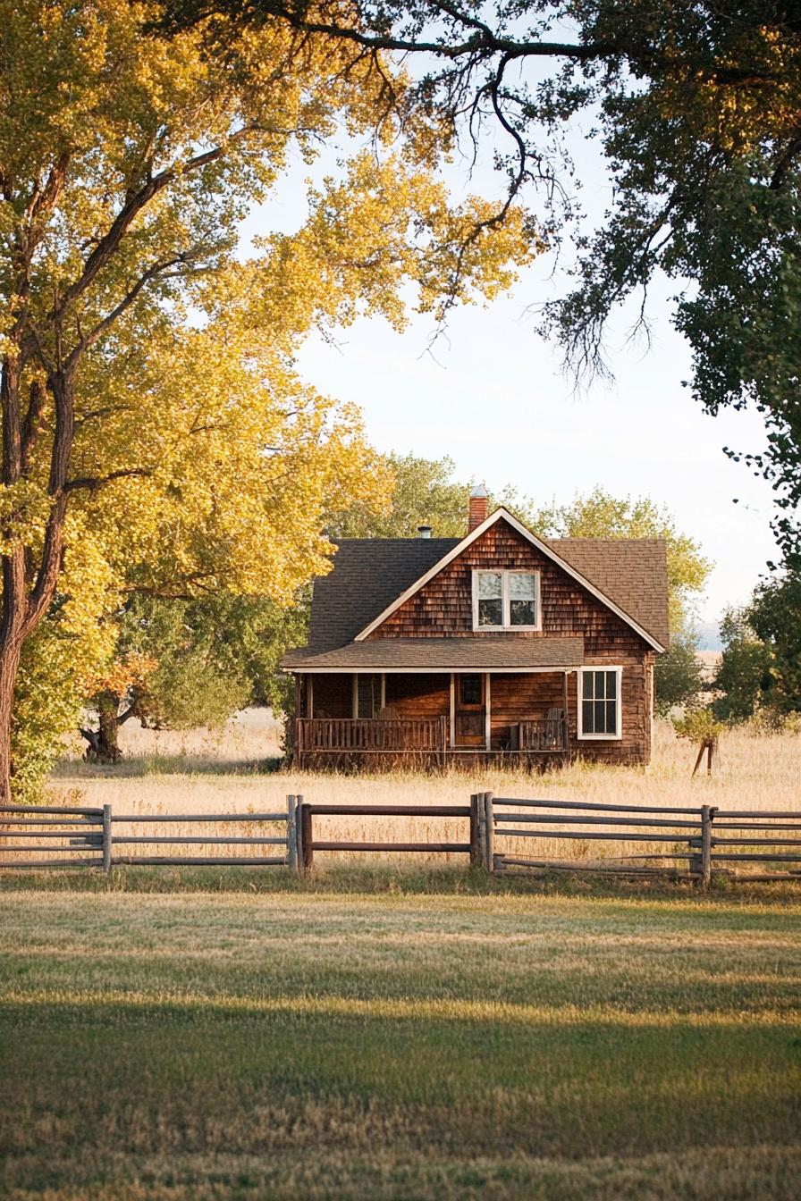 one story ranch house rustic siding ranch fields trees